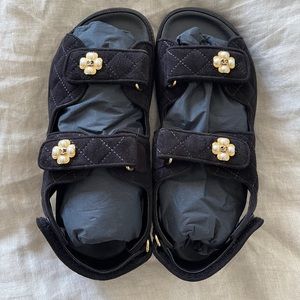 Chanel 22K Black Suede Dad Sandals BNIB 38.5 Authentic